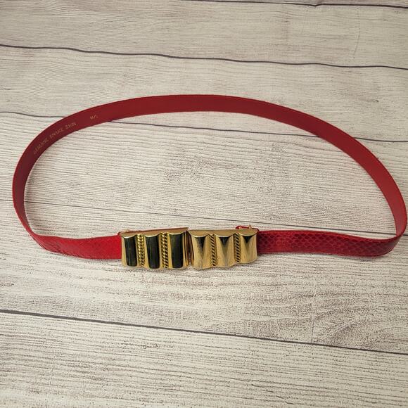 Vintage 80s Red Snake Skin 1" Belt with Gold Buckle, Adjustable M/L - Picture 1 of 8